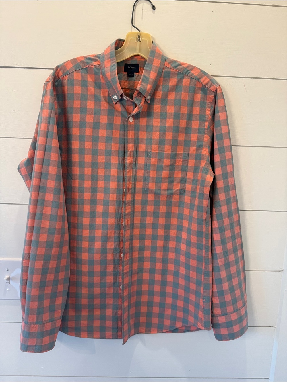 J. Crew Coral and Gray Check Button-Down Shirt